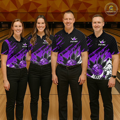 Custom Purple Bowling Jerseys For Men, Personalized Bowling Team Shirts Bowling Pin And Ball HNT283