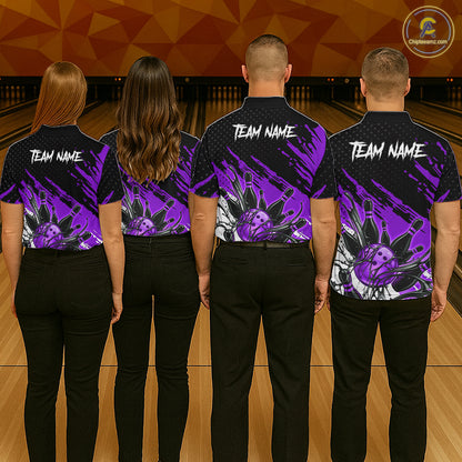 Custom Purple Bowling Jerseys For Women, Personalized Bowling Team Shirts Bowling Pin And Ball HNT283