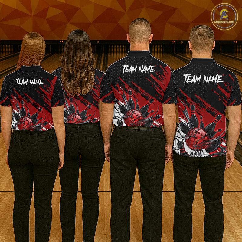 Custom Red Bowling Jerseys For Women, Personalized Bowling Team Shirts Bowling Pin And Ball HNT283