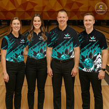 Load image into Gallery viewer, Custom Turquoise Bowling Jerseys For Women, Personalized Bowling Team Shirts Bowling Pin And Ball HNT283