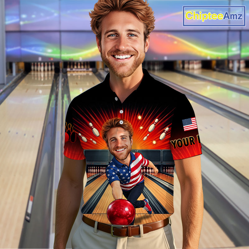 Custom Photo Funny American Flag Bowling Jersey for Men Bowling Team Shirts Polo & 1/4 Zip HNT342