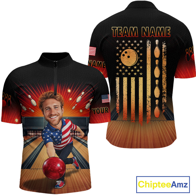 Custom Photo Funny American Flag Bowling Jersey for Men Bowling Team Shirts Polo & 1/4 Zip HNT342