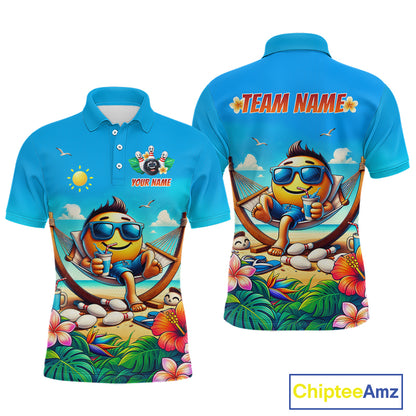Summer men polo shirt with a summer character on a tropical beach design, featuring 'Chiptee Amz' branding.