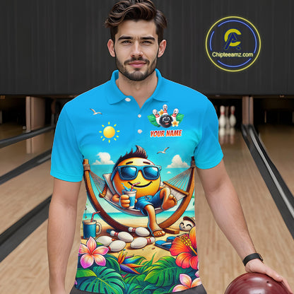 Man wearing a summer polo shirt with a colorful design in a bowling alley