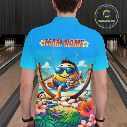 Man wearing a summer shirt with a colorful design and 'TEAM NAME' text in a bowling alley.