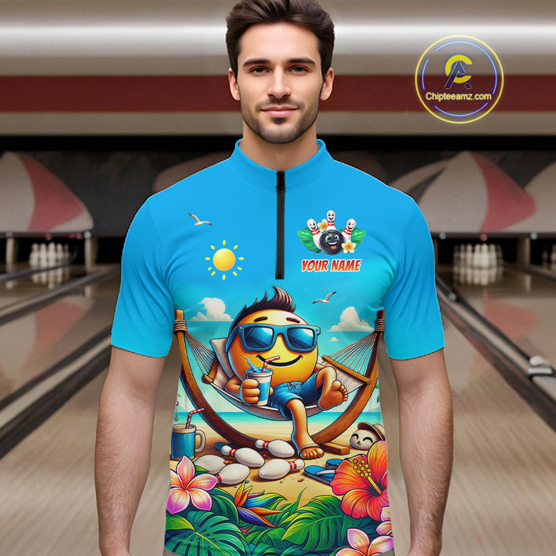 Man wearing a summer shirt with a colorful design in a bowling alley
