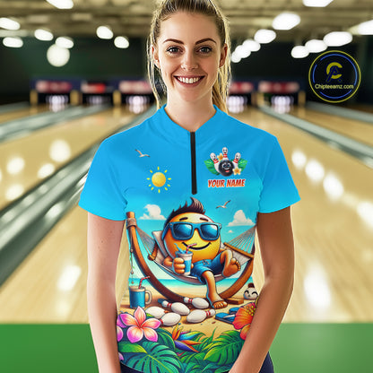 Women wearing a summer bowling shirt with a colorful design in a bowling alley.