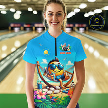 Load image into Gallery viewer, Women wearing a summer bowling shirt with a colorful design in a bowling alley.