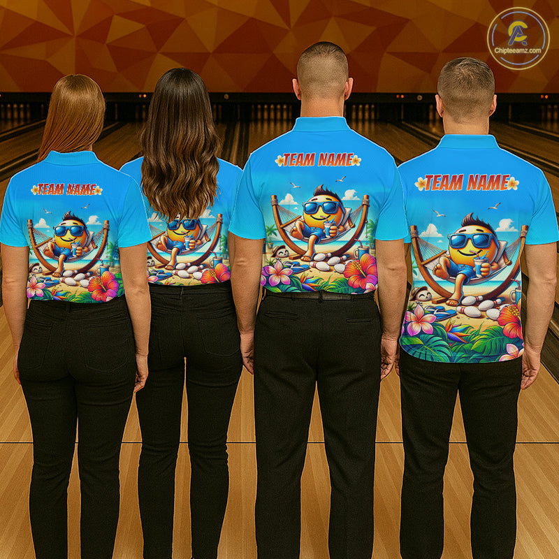 Four people wearing summer team shirts with a colorful design on a bowling alley.