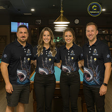 Load image into Gallery viewer, Four people wearing matching polo shirts with shark graphics in a bar setting.