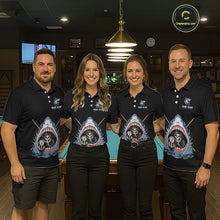 Load image into Gallery viewer, Four people wearing matching black polo shirts with a shark graphic design in a bar setting.