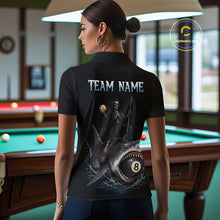 Load image into Gallery viewer, Woman wearing a black t-shirt with a graphic design and 'TEAM NAME' text in a pool hall.