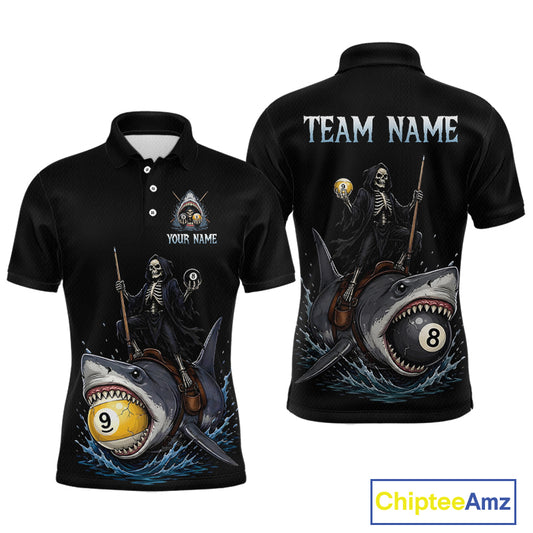 Black polo shirt with skeleton design and shark graphic on a white background