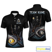 Load image into Gallery viewer, Black polo shirt with skeleton design and shark graphic on a white background