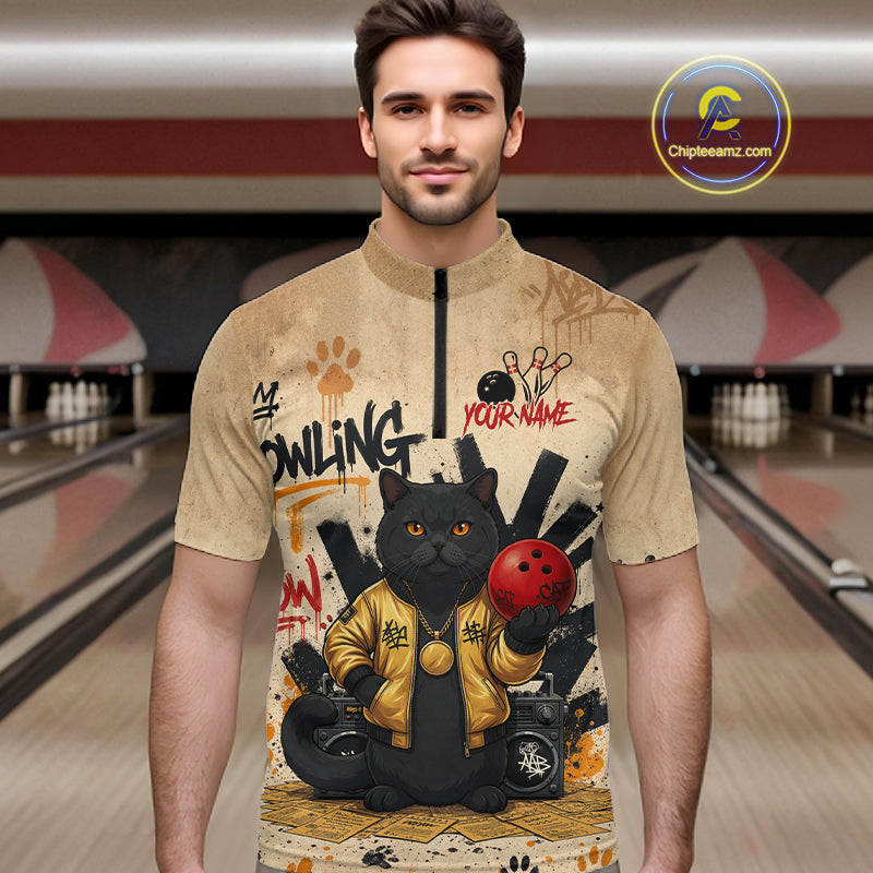 Custom Black Cat Bowling Jersey for Men Funny Cat Bowling League Bowling Team Shirts HN290