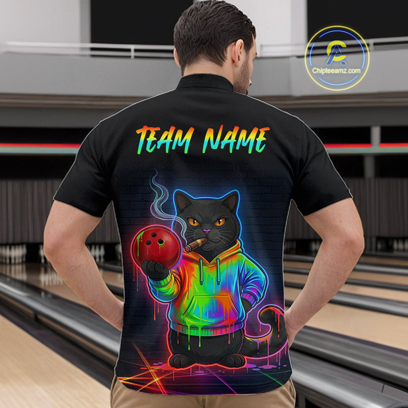 Custom Neon Black Cat Bowling Jersey for Men Funny Bowling League Bowling Team Shirts HN291