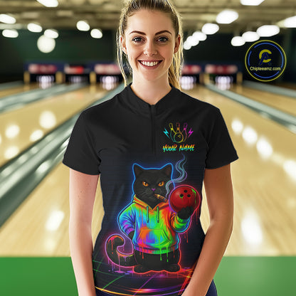 Custom Neon Black Cat Bowling Jersey for Women Funny Bowling League Bowling Team Shirts HN291