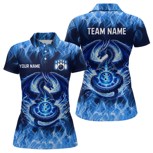 Custom Blue Dragon Flame Bowling Jersey for Women Bowling Team Shirts Bowling Polo & 1/4 Zip HNT189