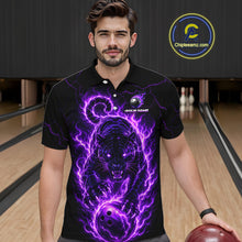 Load image into Gallery viewer, Man wearing a black polo shirt with a purple tiger design in a bowling alley.