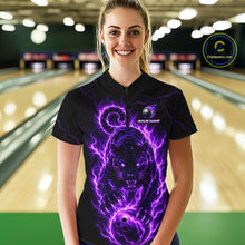 Load image into Gallery viewer, Woman wearing a black t-shirt with a purple panther design in a bowling alley.