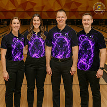 Load image into Gallery viewer, Four people wearing black shirts with purple graphics on a bowling alley.