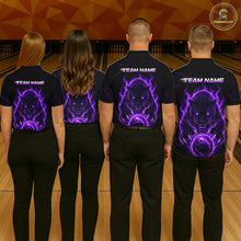 Load image into Gallery viewer, Four people wearing black shirts with a purple and white design on a bowling alley.