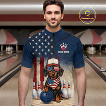 Load image into Gallery viewer, Man wearing a blue bowling shirt with a dog design and American flag in a bowling alley.