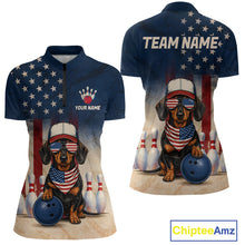Load image into Gallery viewer, Bowling shirt with dachshund design, American flag, and 'Team Name' text on a white background.