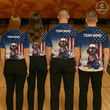 Load image into Gallery viewer, Four people wearing matching bowling shirts with a dog graphic and 'Team Name' text on a bowling alley background.