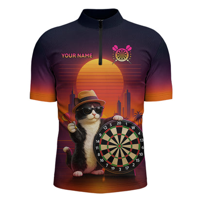 Funny Cat Retro Dart Shirts For Men Custom Dart Board Shirts Polo & 1/4 Zip Dart Jersey Team NNT124