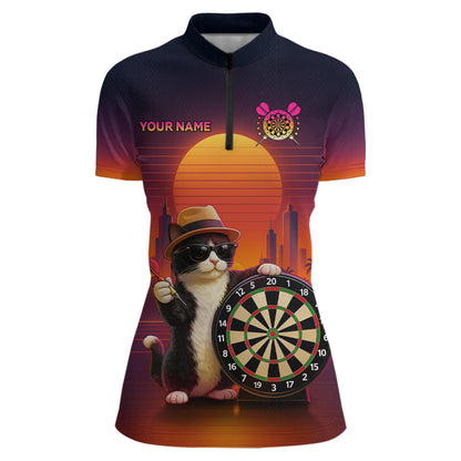 Funny Cat Retro Dart Shirts For Women Custom Dart Board Shirts Polo & 1/4 Zip Dart Jersey Team NNT124