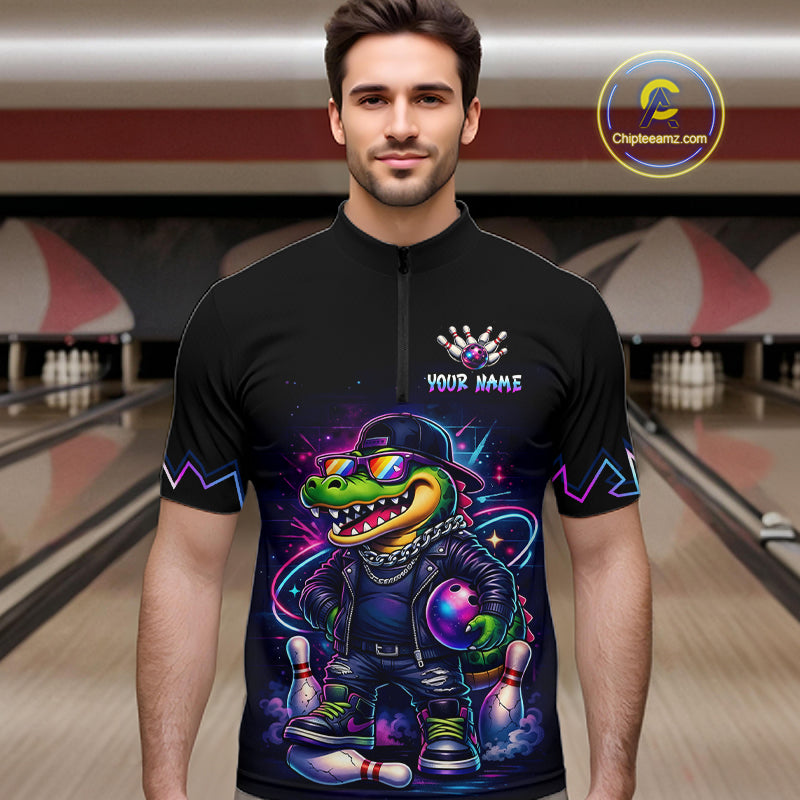 Funny Neon Alligator Custom Bowling Jersey for Men Bowling League Bowling Team Shirts HN295