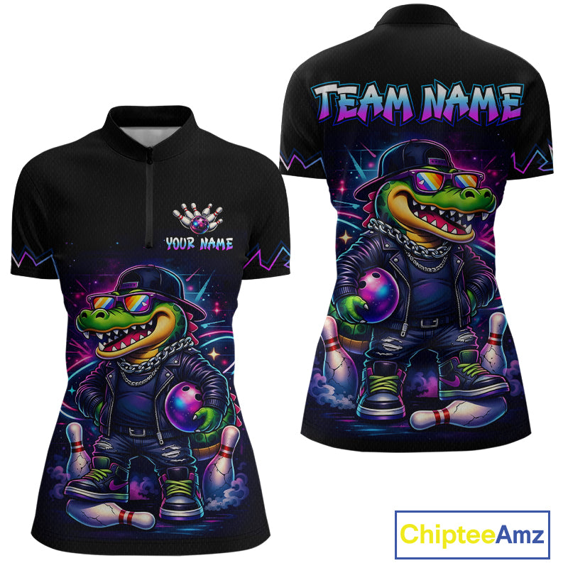 Funny Neon Alligator Custom Bowling Jersey for Women Bowling League Bowling Team Shirts HN295