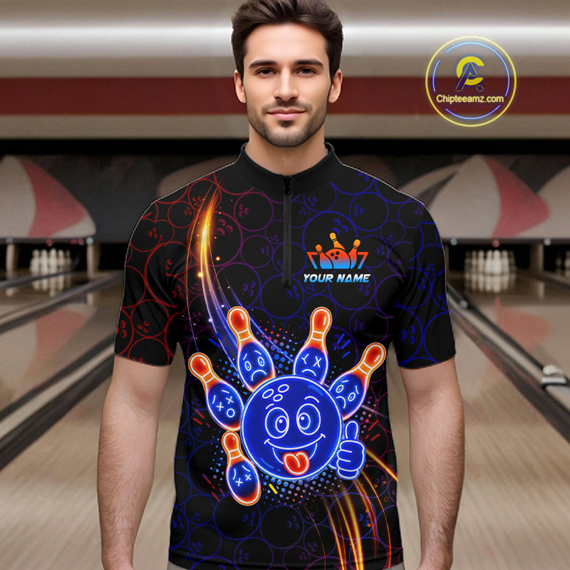 Man wearing a quarter zip with neon blue and orange cartoon bowling ball and pin graphics, plus custom player name text.