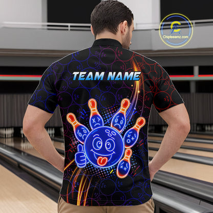 Man wearing a quarter zip with neon blue and orange cartoon bowling ball and pin graphics, plus custom team name text.