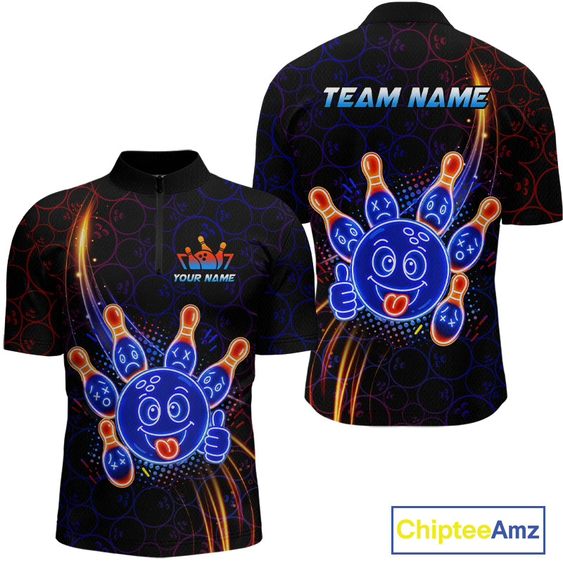 Front and back views of a black bowling quater zip shirt with neon blue and orange cartoon bowling ball and pin graphics, plus custom team name and player name text.