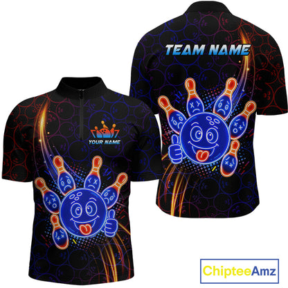Front and back views of a black bowling quater zip shirt with neon blue and orange cartoon bowling ball and pin graphics, plus custom team name and player name text.
