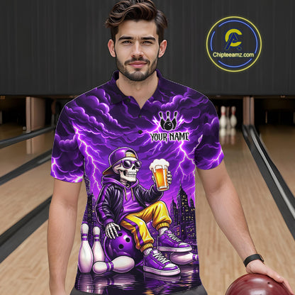Custom Funny Beer Skull Purple Bowling Shirt for Men Bowling Team Jersey Bowling League HNT296