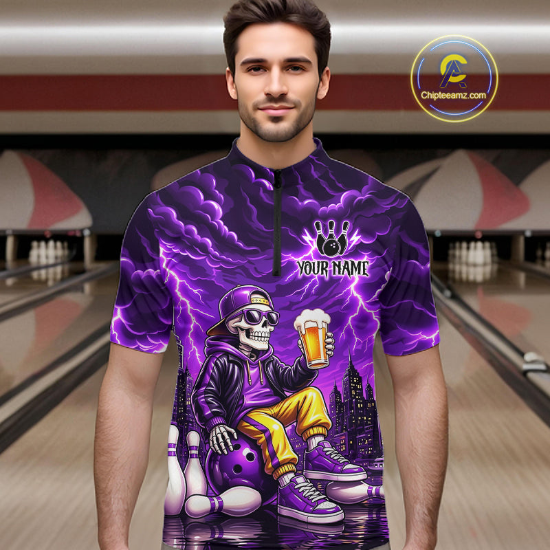Custom Funny Beer Skull Purple Bowling Shirt for Men Bowling Team Jersey Bowling League HNT296