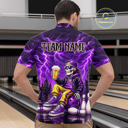 Custom Funny Beer Skull Purple Bowling Shirt for Men Bowling Team Jersey Bowling League HNT296