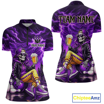 Custom Funny Beer Skull Purple Bowling Shirt for Women Bowling Team Jersey Bowling League HNT296