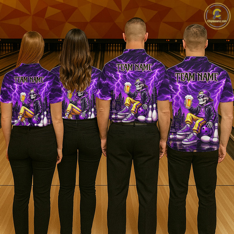 Custom Funny Beer Skull Purple Bowling Shirt for Men Bowling Team Jersey Bowling League HNT296