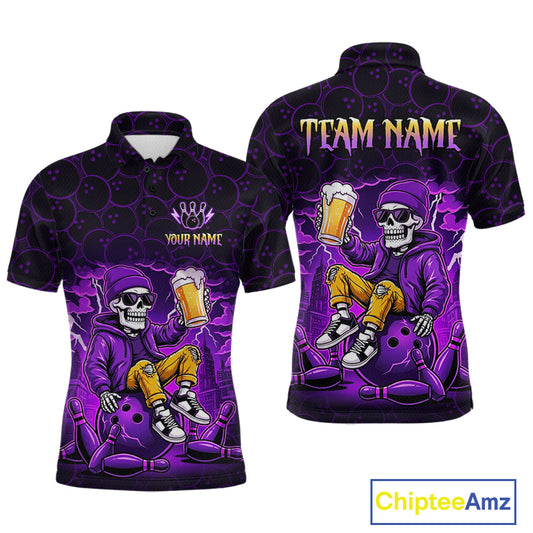 Custom Purple Funny Beer Skull Bowling Shirt for Men Bowling Team Jersey Bowling League HNT297