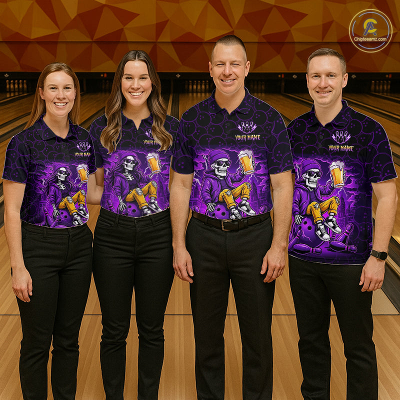 Custom Purple Funny Beer Skull Bowling Shirt for Men Bowling Team Jersey Bowling League HNT297