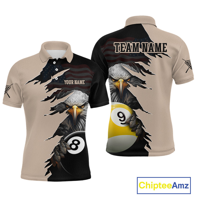 Front and back views of a beige and black billiards polo shirt featuring a fierce bald eagle emerging through a torn-rip graphic, with custom “TEAM NAME” and “YOUR NAME” text areas and 8-ball and 9-ball designs.