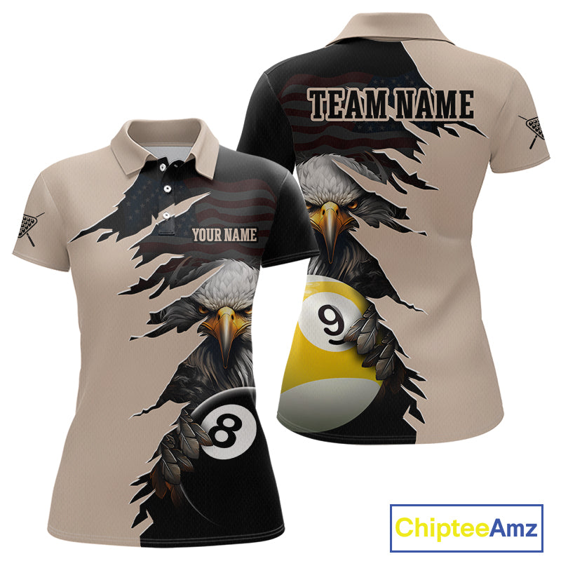 Front and back views of a beige and black billiards polo shirt featuring a fierce bald eagle emerging through a torn-rip graphic, with custom “TEAM NAME” and “YOUR NAME” text areas and 8-ball and 9-ball designs.