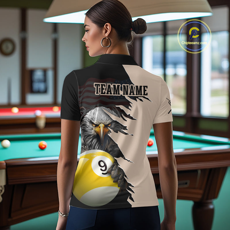 Woman wearing a shirt with an eagle and number 9 design in a pool hall.