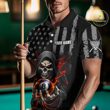 Load image into Gallery viewer, Man wearing a black and gray polo shirt with a skull design holding a pool cue on a pool table.