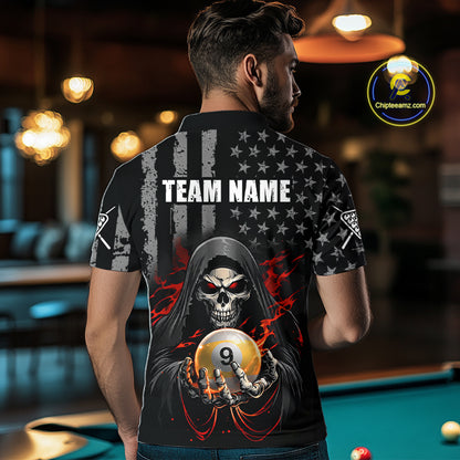 Man wearing a black shirt with a graphic design of a skull holding a pool ball, with 'Team Name' text on the back, in an indoor setting.