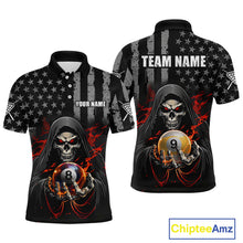 Load image into Gallery viewer, Front and back views of a black billiards polo with a distressed American flag pattern, grim reaper artwork, and large 8-ball and 9-ball graphics.